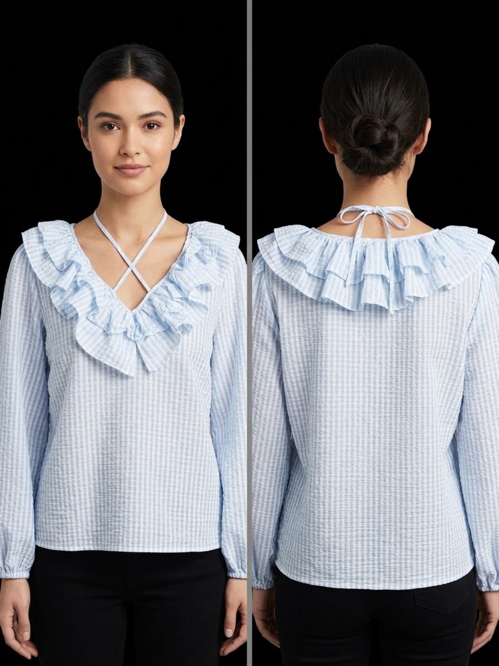 CeCe Light Blue Ruffled V-Neck Tunic with Crisscross Tie